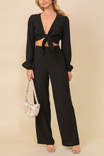 Black Set-Self Tie Long Sleeve Crop Top With Pants