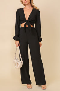Black Set-Self Tie Long Sleeve Crop Top With Pants