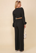 Black Set-Self Tie Long Sleeve Crop Top With Pants
