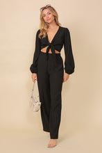 Black Set-Self Tie Long Sleeve Crop Top With Pants