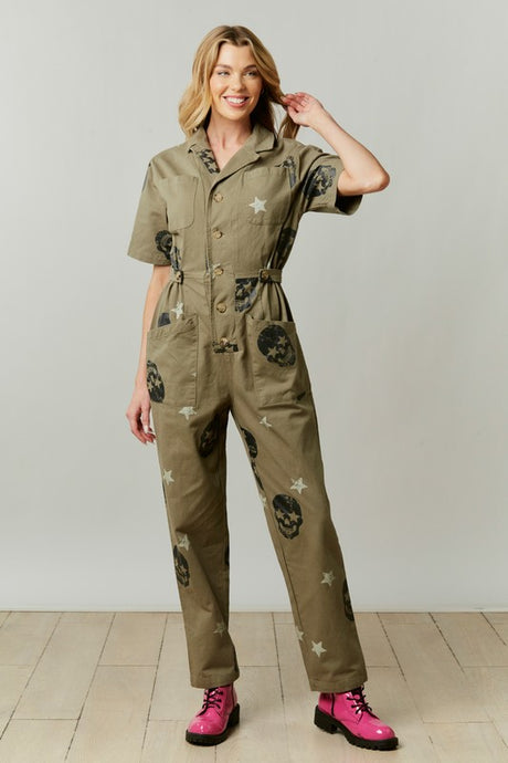 Olive Skull Print Twill Jumpsuit