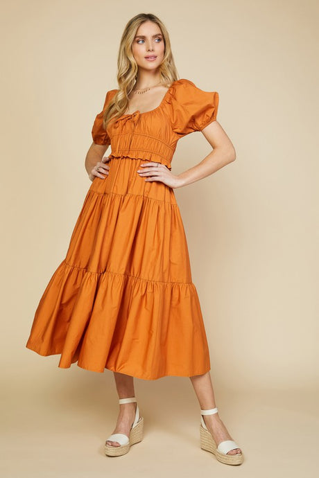 Orange Bodice Smocked Midi Dress
