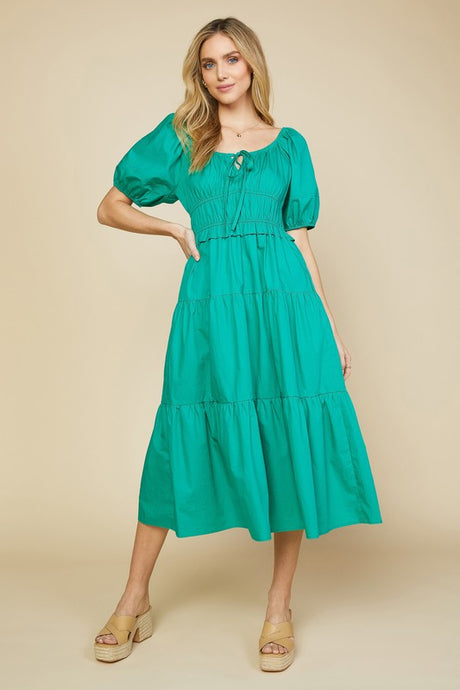 Jade Green Bodice Smocked Midi Dress