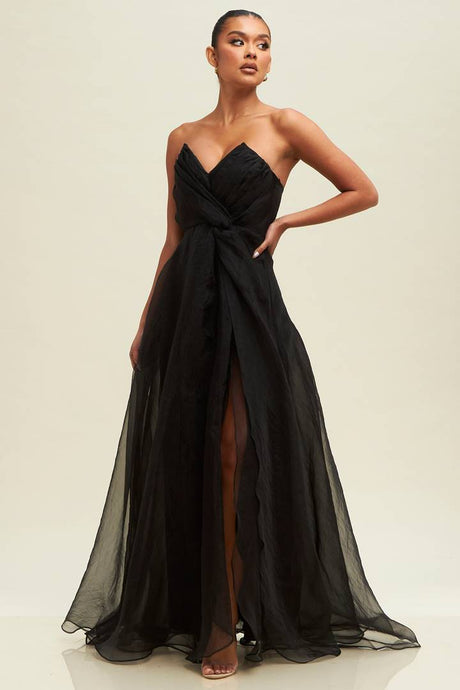 Black Organzza V Neckline Maxi Dress