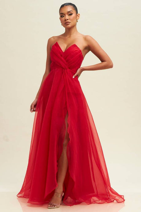 Red Organzza V Neckline Maxi Dress