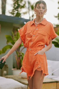 Bright Orange Distressed Hem Color Denim Romper