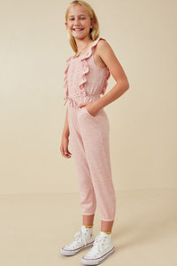 Mauve Girls Smocked Ruffle Detail Knit Jumpsuit