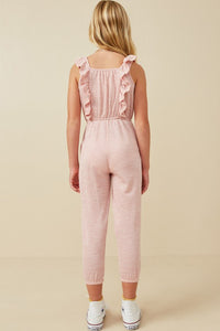 Mauve Girls Smocked Ruffle Detail Knit Jumpsuit