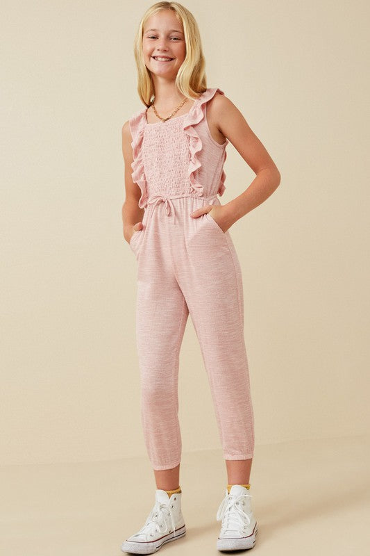 Mauve Girls Smocked Ruffle Detail Knit Jumpsuit