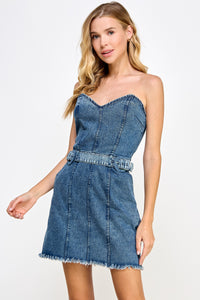 Sweetheart Belted Strapless Denim Dress