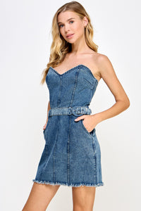 Sweetheart Belted Strapless Denim Dress