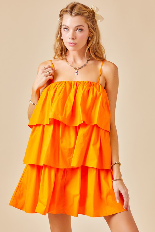 Orange Flounce Tiered Ruffle Dress