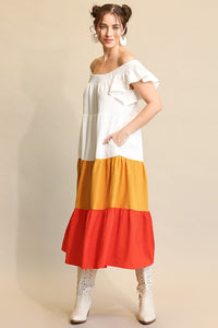 Tomato Mix Flutter Sleeve and Color Block Tiered Midi Dress