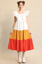 Tomato Mix Flutter Sleeve and Color Block Tiered Midi Dress