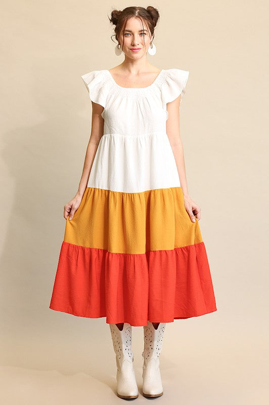 Tomato Mix Flutter Sleeve and Color Block Tiered Midi Dress