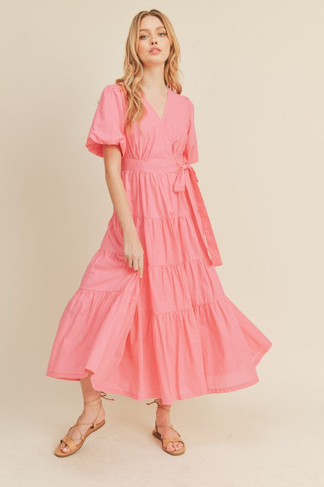 Pink Bubble Puff Sleeve Tiered Midi Wrap Dress