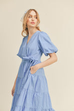 Blue Bell Puff Sleeve Tiered Midi Wrap Dress