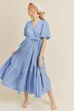 Blue Bell Puff Sleeve Tiered Midi Wrap Dress
