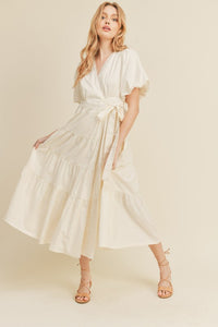 Cream Puff Sleeve Tiered Midi Wrap Dress