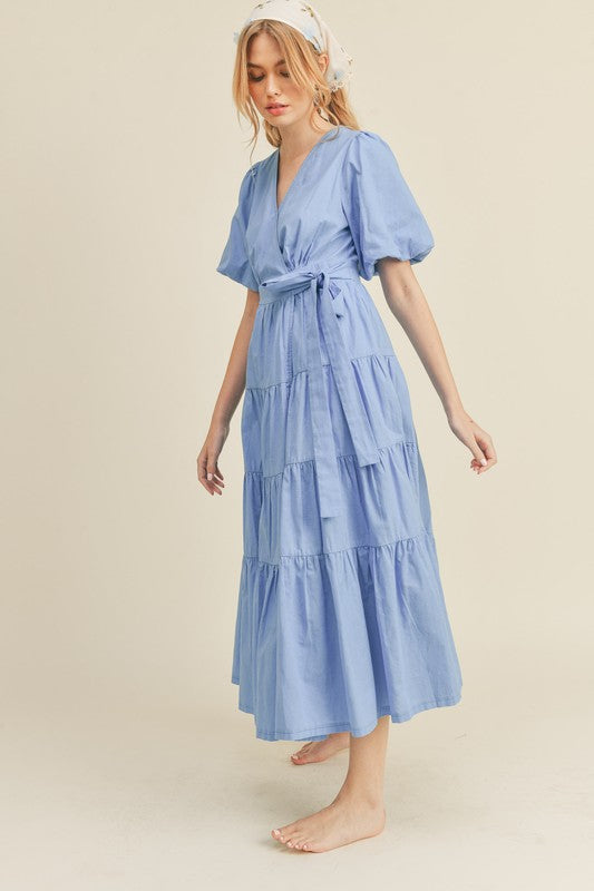 Blue Bell Puff Sleeve Tiered Midi Wrap Dress