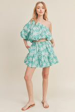 Pastel Teal Green Floral One Shoulder Top And Skirt Set