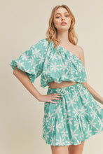 Pastel Teal Green Floral One Shoulder Top And Skirt Set