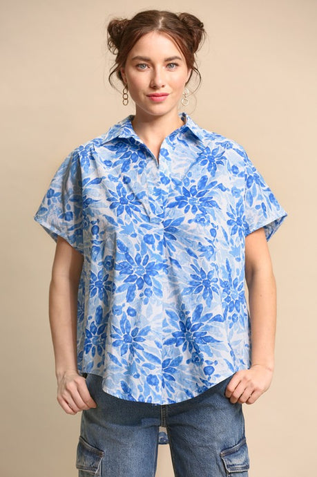 Blue Floral Printed and Oversize Poplin Shirts