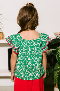 Kelly Green Floral Embroidery Textured Woven Blouse