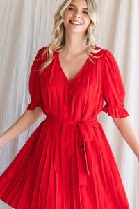 Red Pleated Belted Waist Dress