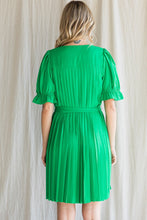 Kelly Green Pleated Belted Waist Dress