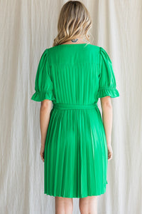 Kelly Green Pleated Belted Waist Dress