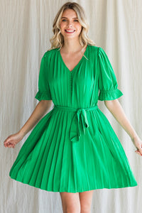 Kelly Green Pleated Belted Waist Dress