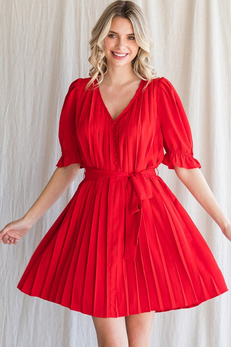 Red Pleated Belted Waist Dress