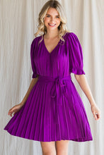 Purple Pleated Belted Waist Dress