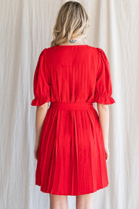 Red Pleated Belted Waist Dress