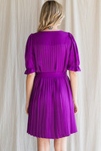 Purple Pleated Belted Waist Dress
