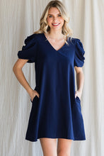 Navy Solid Short Draped Sleeves Dress