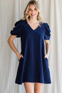 Navy Solid Short Draped Sleeves Dress