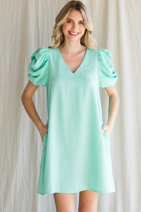 Mint Solid Short Draped Sleeves Dress