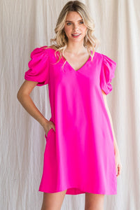 Hot Pink Solid Short Draped Sleeves Dress