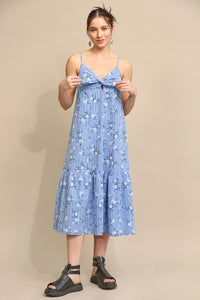 Blue Gingham and Floral Knotted Detail Cami Dress