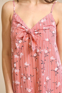 Red Gingham and Floral Knotted Detail Cami Dress