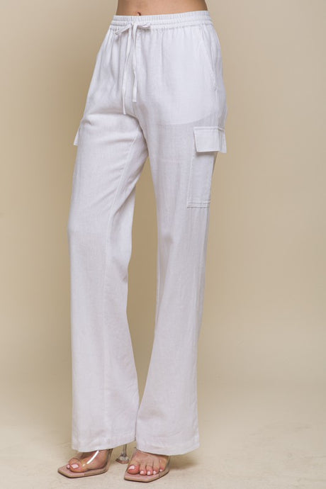 White Linen Straight Leg Cargo Pants