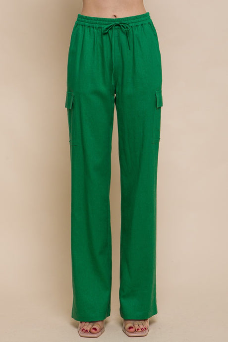 Green Linen Straight Leg Cargo Pants