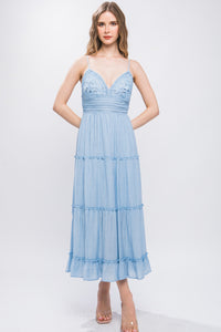 Sky Blue Crochet Layered Panels Long Dress