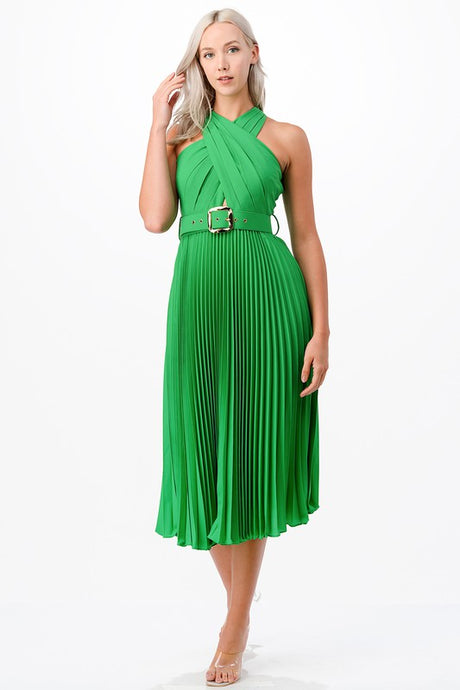 Green Cross Over Pleats Midi Dress