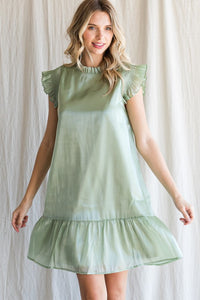 Sage Organza Frilled Neck Dress