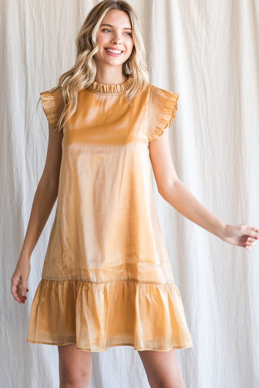 Gold Organza Frilled Neck Dress