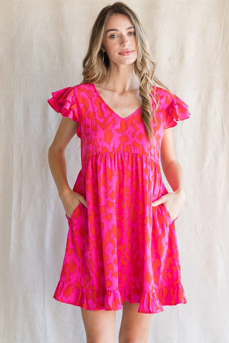 Hot Pink Print Ruffled Cap Sleeves Dress