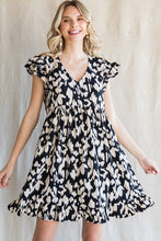 Black Print Ruffled Cap Sleeves Dress